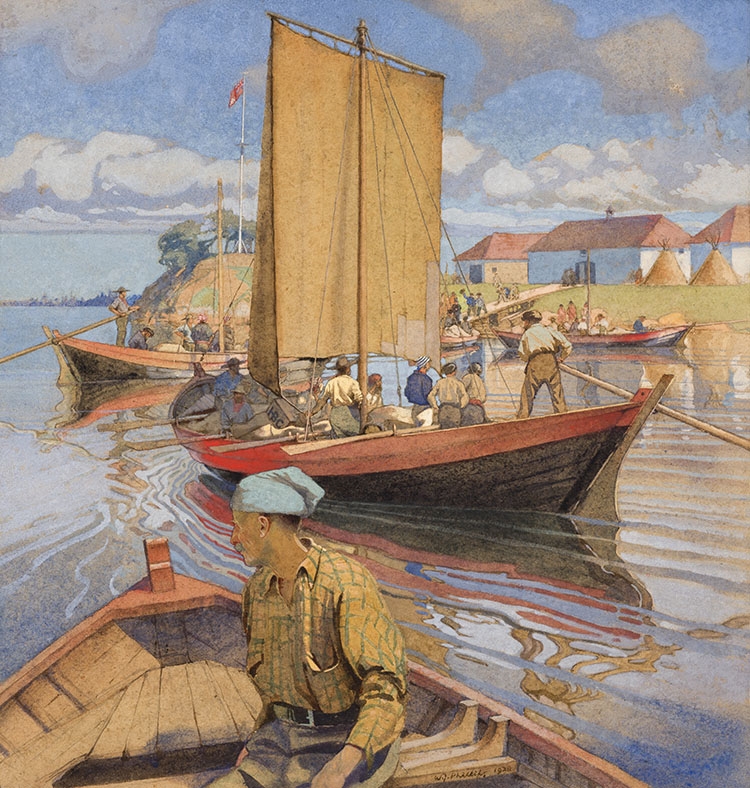 A vibrant watercolor scene of a bustling river with boats, figures, and distant buildings under a cloudy sky.