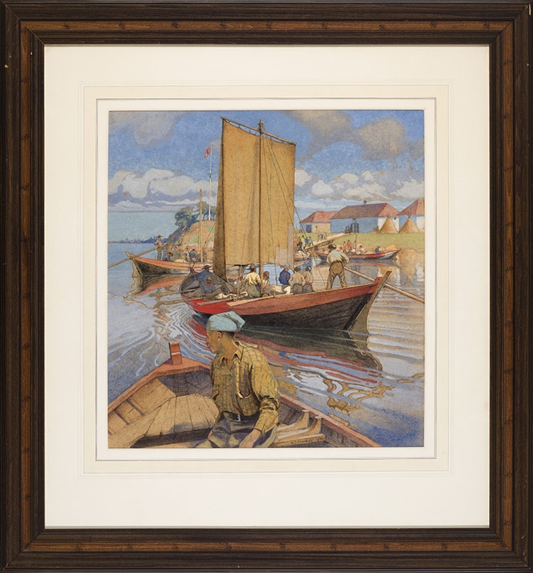 A vibrant watercolor scene of a bustling river with boats, figures, and distant buildings under a cloudy sky.