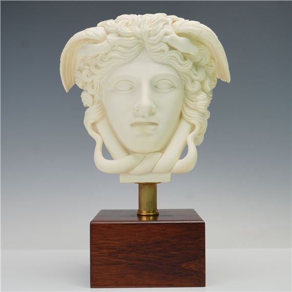 Medusa Head Statue on Wooden Block Base - A. Giannelli