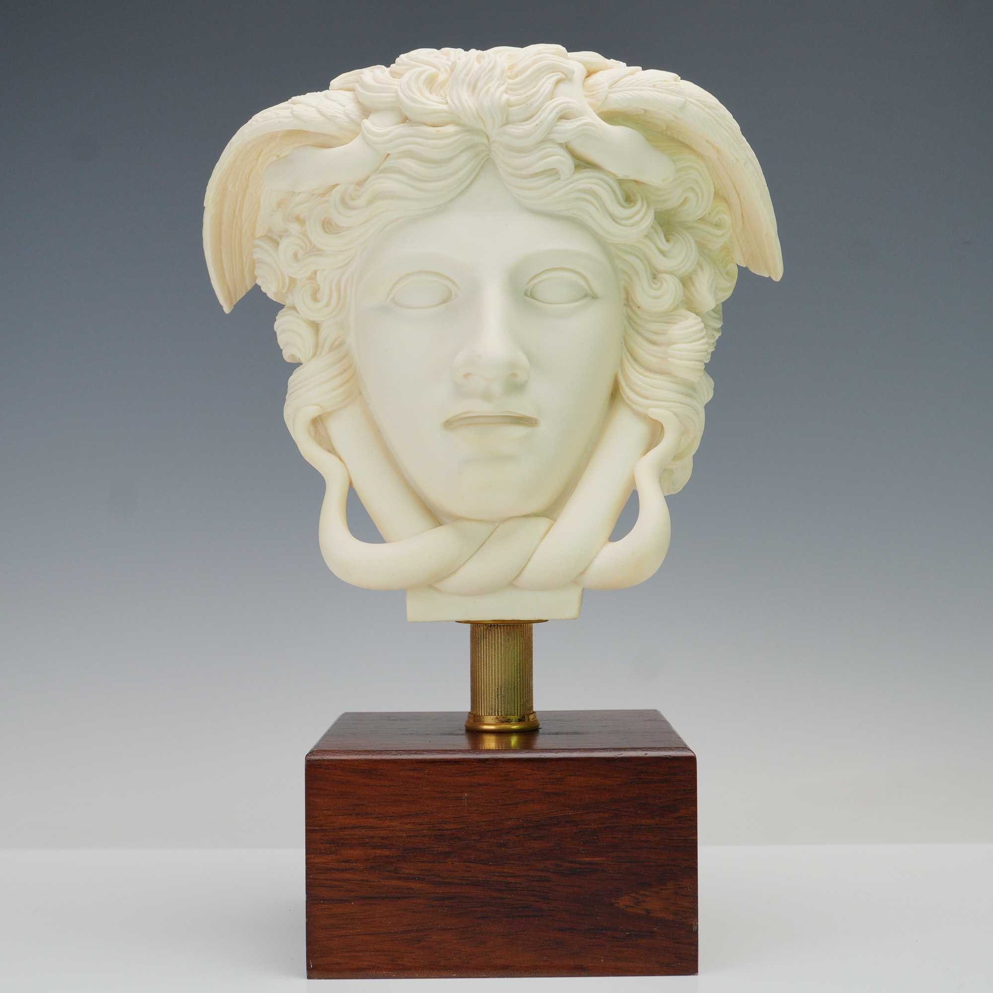 Artwork by A. Giannelli, Medusa Head Statue on Wooden Block Base