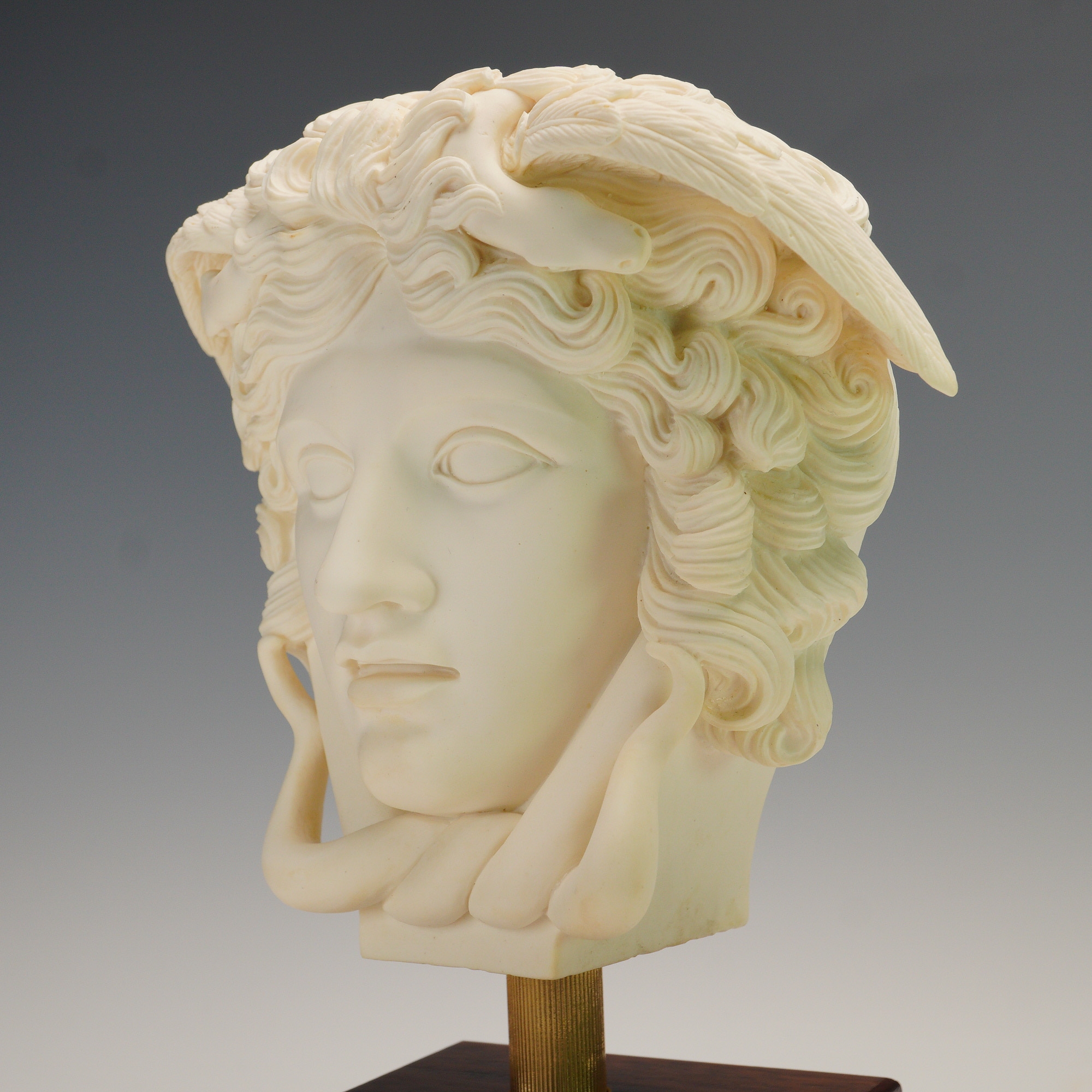 Artwork by A. Giannelli, Medusa Head Statue on Wooden Block Base