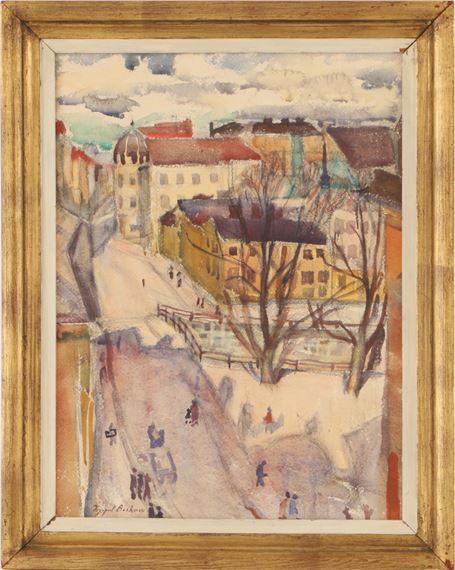 Akvarell, stadsbild med figurer - Ingegerd Beskow
