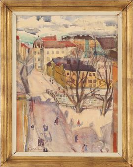 Akvarell, stadsbild med figurer - Ingegerd Beskow