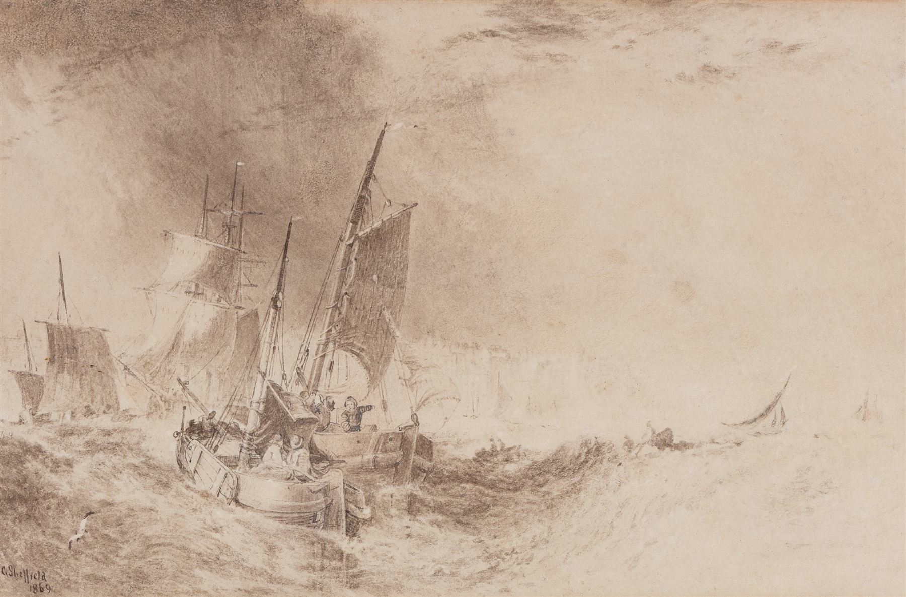 Artwork by George Sheffield, Ships on Heavy Seas, Made of Monochrome Watercolour
