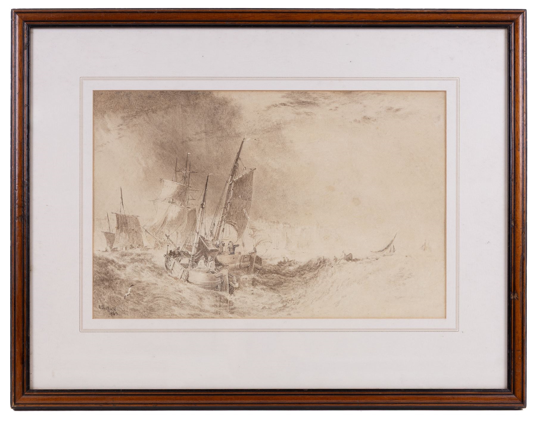 Artwork by George Sheffield, Ships on Heavy Seas, Made of Monochrome Watercolour