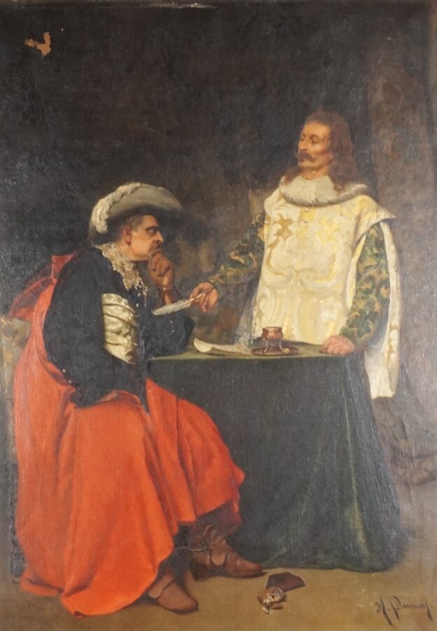Artwork by H. Daunay, Olivier Cromwell qui s'apprête à signer la sentence d'exécution de Charles 1er, Made of oil on canvas