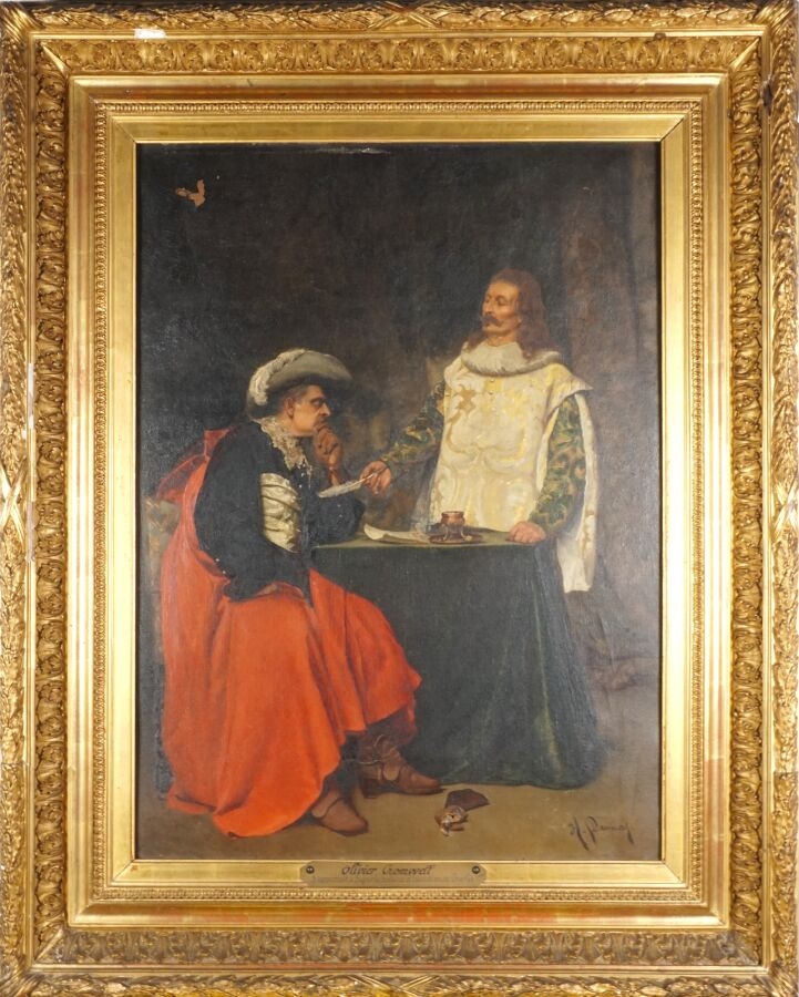 Artwork by H. Daunay, Olivier Cromwell qui s'apprête à signer la sentence d'exécution de Charles 1er, Made of oil on canvas