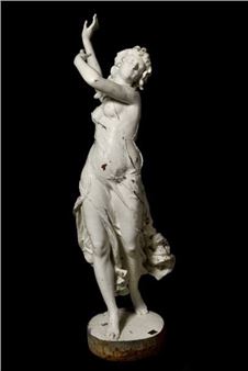 A weathered white statue of a female figure in a dynamic pose, standing on a circular base against a black background.