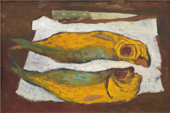 A painting of two fish on a piece of paper with a knife.