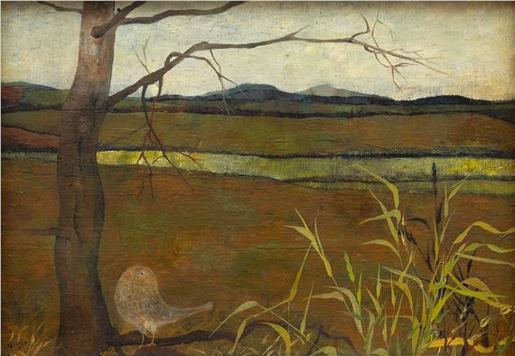 A painting of a bird sitting on a tree branch in a field.