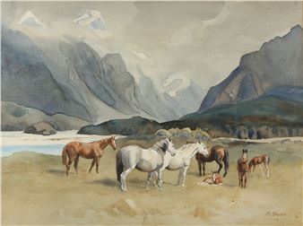 Horses with foals in a Mountain Landscape - Margaret Rhodes