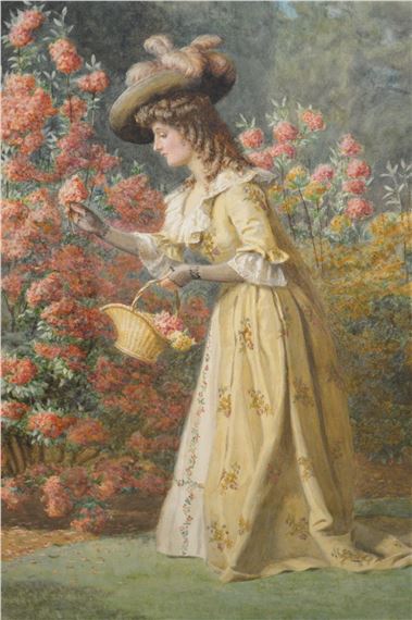 an Edwardian lady gathering summer flowers in a garden - Herbert P. Dollman