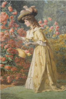 an Edwardian lady gathering summer flowers in a garden - Herbert P. Dollman