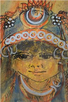 head and shoulder portrait in pen and watercolour with gilt highlights - Sumpow Dheppartum