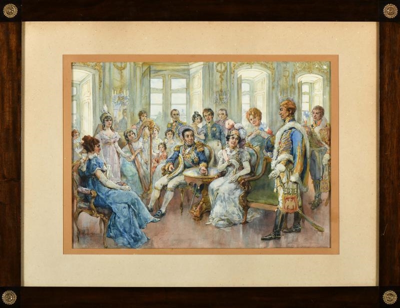 Artwork by Alfredo de Morais, King D. João VI of Portugal receives General Junot at a Soirée in Queluz in 1805, Made of watercolour on paper