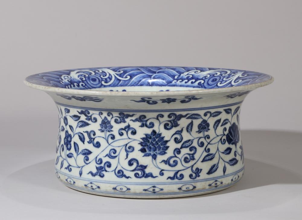 Artwork by Chen Zhifo, A LARGE BLUE AND WHITE 'FLORAL SCROLL' BRUSH WASHER, Made of Underglaze Blue