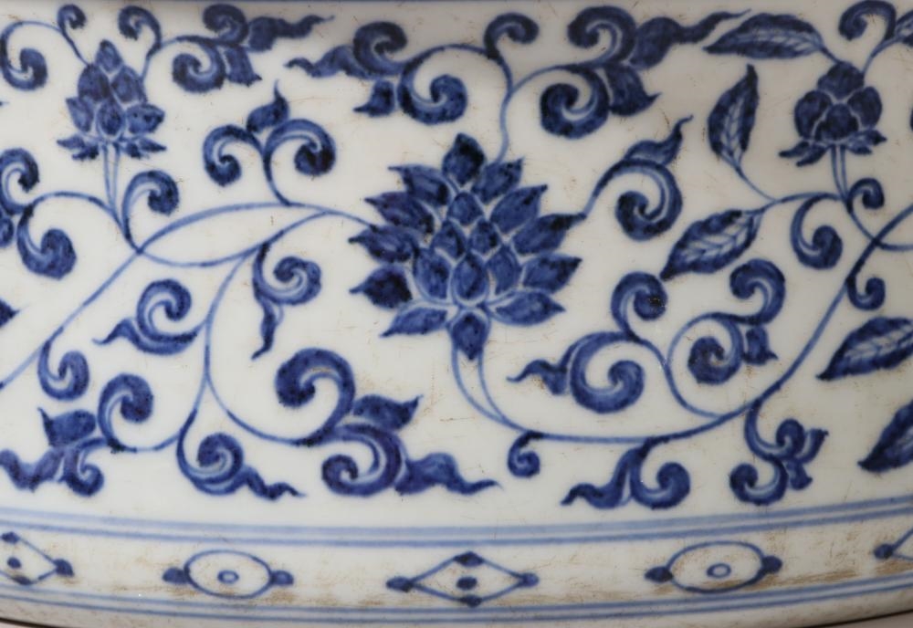 Artwork by Chen Zhifo, A LARGE BLUE AND WHITE 'FLORAL SCROLL' BRUSH WASHER, Made of Underglaze Blue