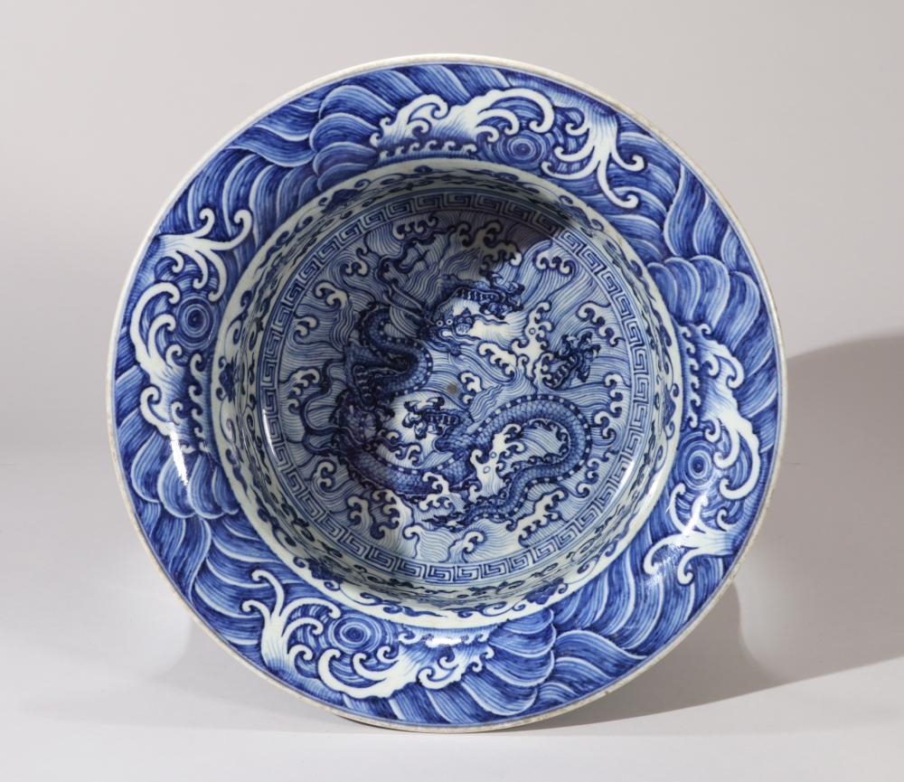 Artwork by Chen Zhifo, A LARGE BLUE AND WHITE 'FLORAL SCROLL' BRUSH WASHER, Made of Underglaze Blue