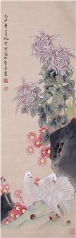 Autumn Chrysanthemums and Two Pigeons - Chen Zhifo