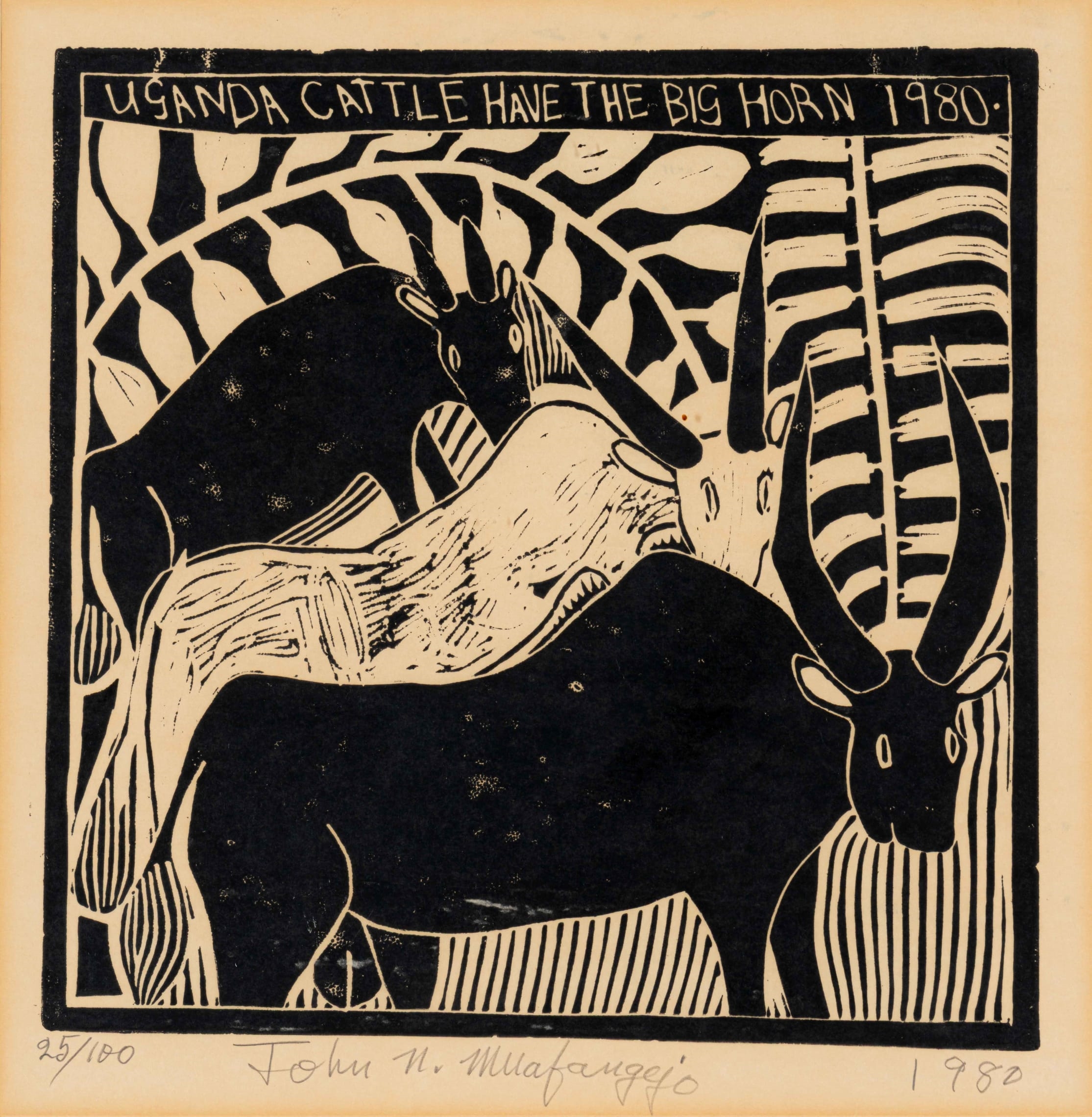 Artwork by John Ndevasia Muafangejo, Uganda Cattle Have the Big Horn, Made of linocut on paper