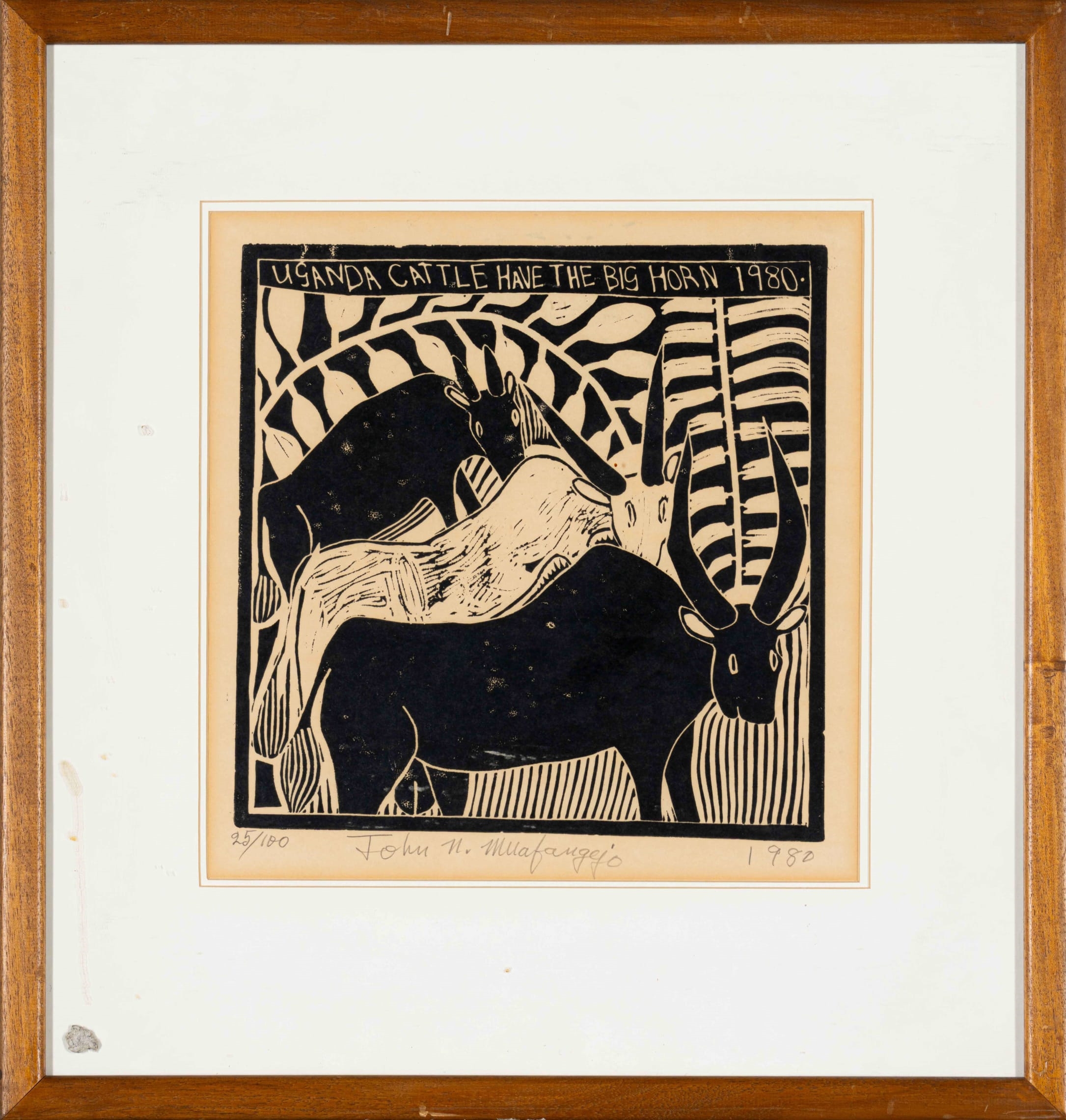 Artwork by John Ndevasia Muafangejo, Uganda Cattle Have the Big Horn, Made of linocut on paper