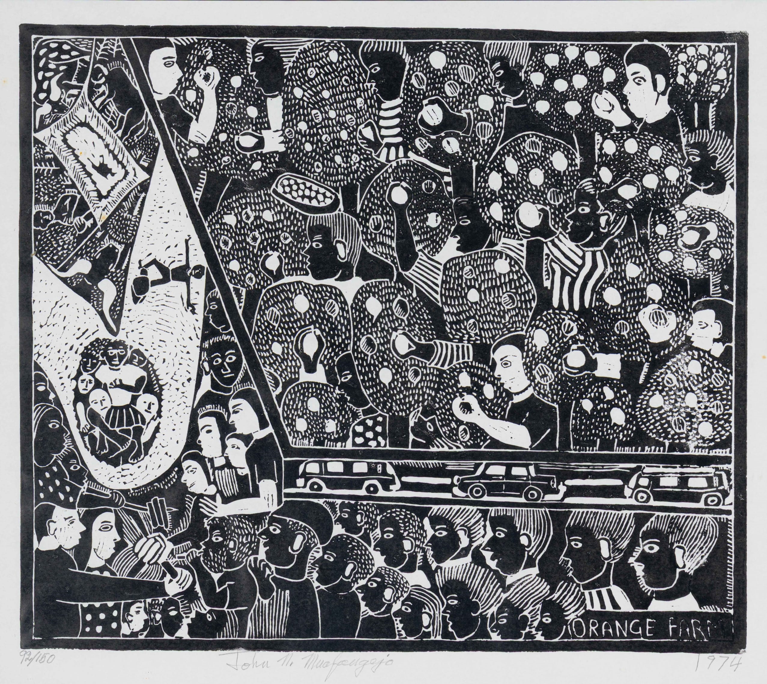 Artwork by John Ndevasia Muafangejo, Orange Farm, Made of linocut on paper
