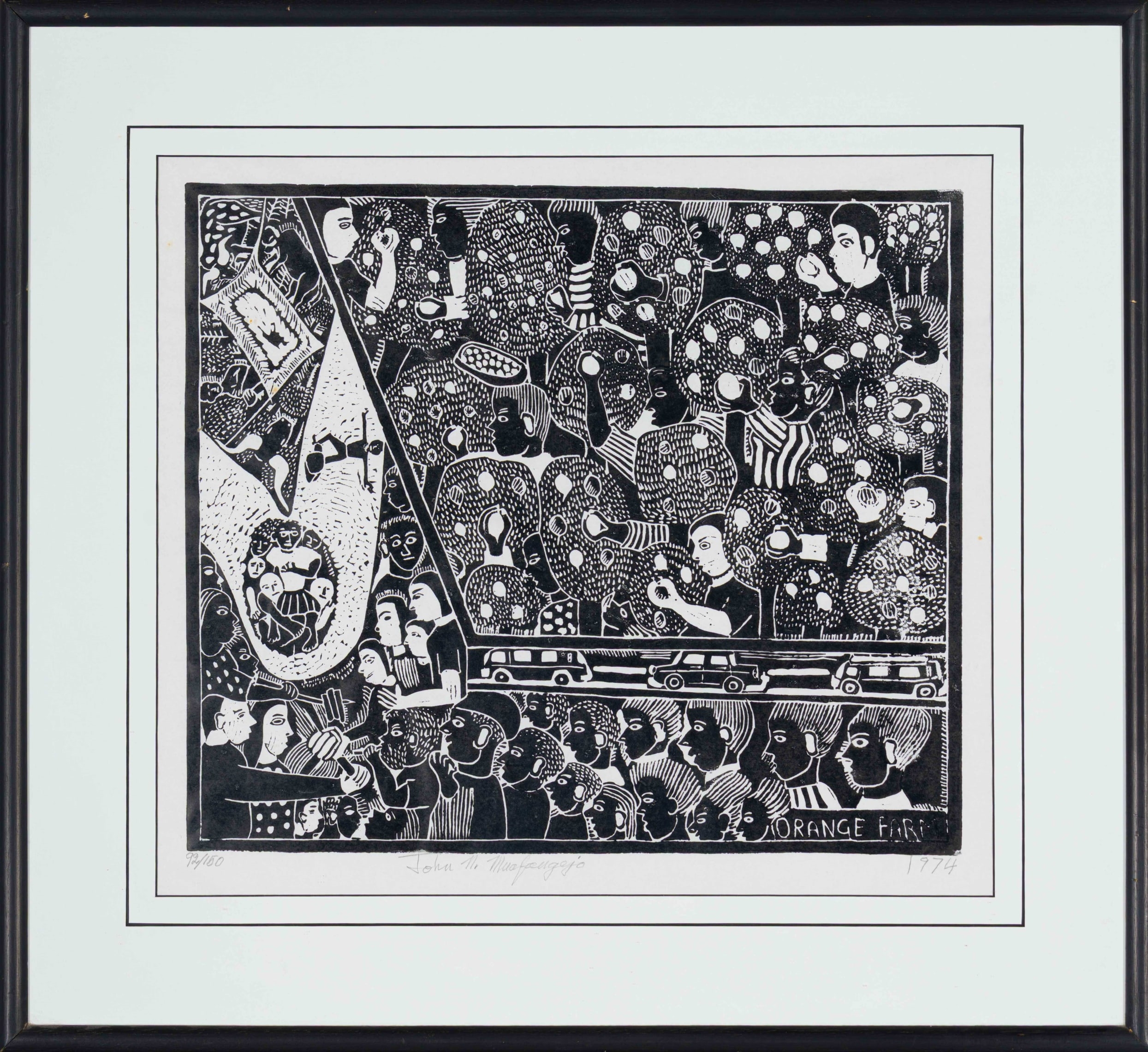 Artwork by John Ndevasia Muafangejo, Orange Farm, Made of linocut on paper