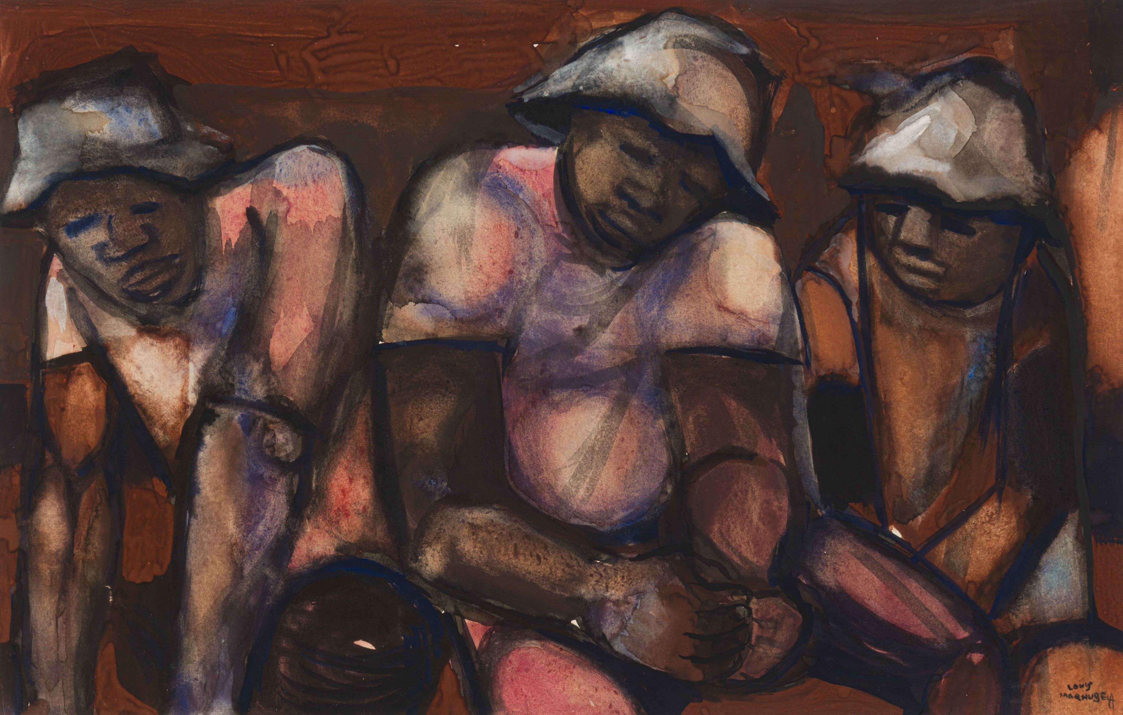 Artwork by Louis Maqhubela, African Miners, Made of gouache on paper
