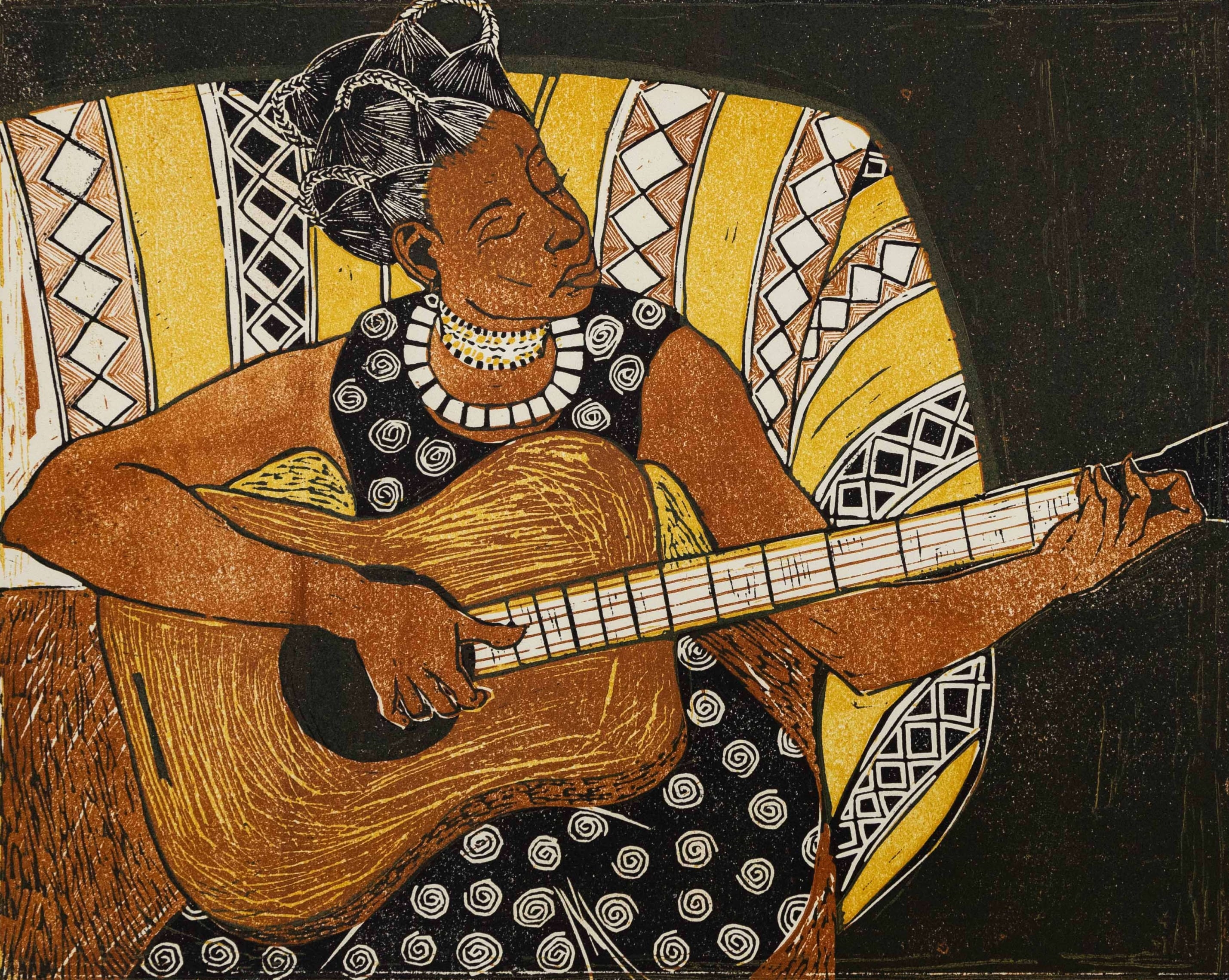Artwork by Kiure Francis Msangi, Soul Sister, Made of colour woodcut on paper