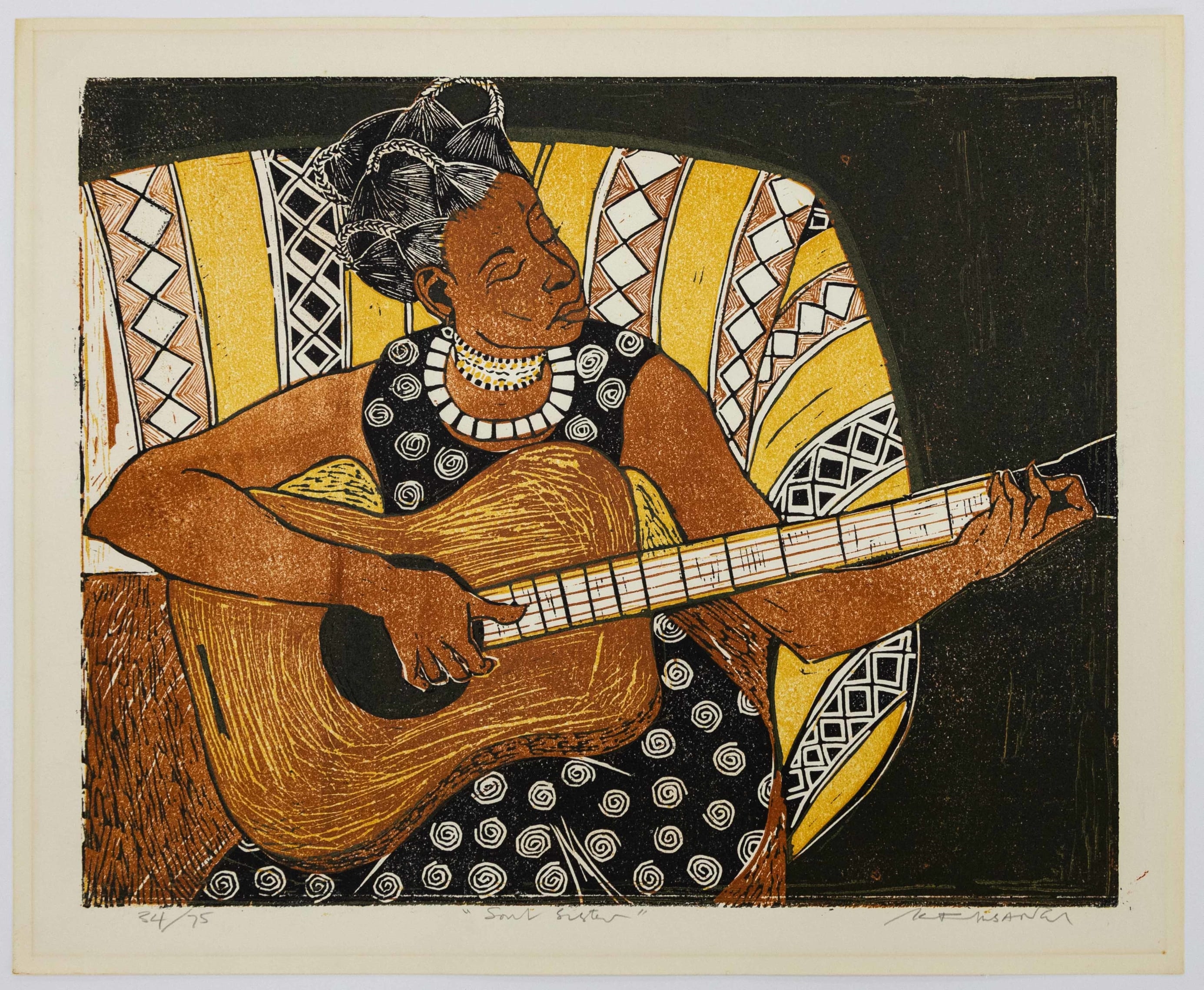 Artwork by Kiure Francis Msangi, Soul Sister, Made of colour woodcut on paper