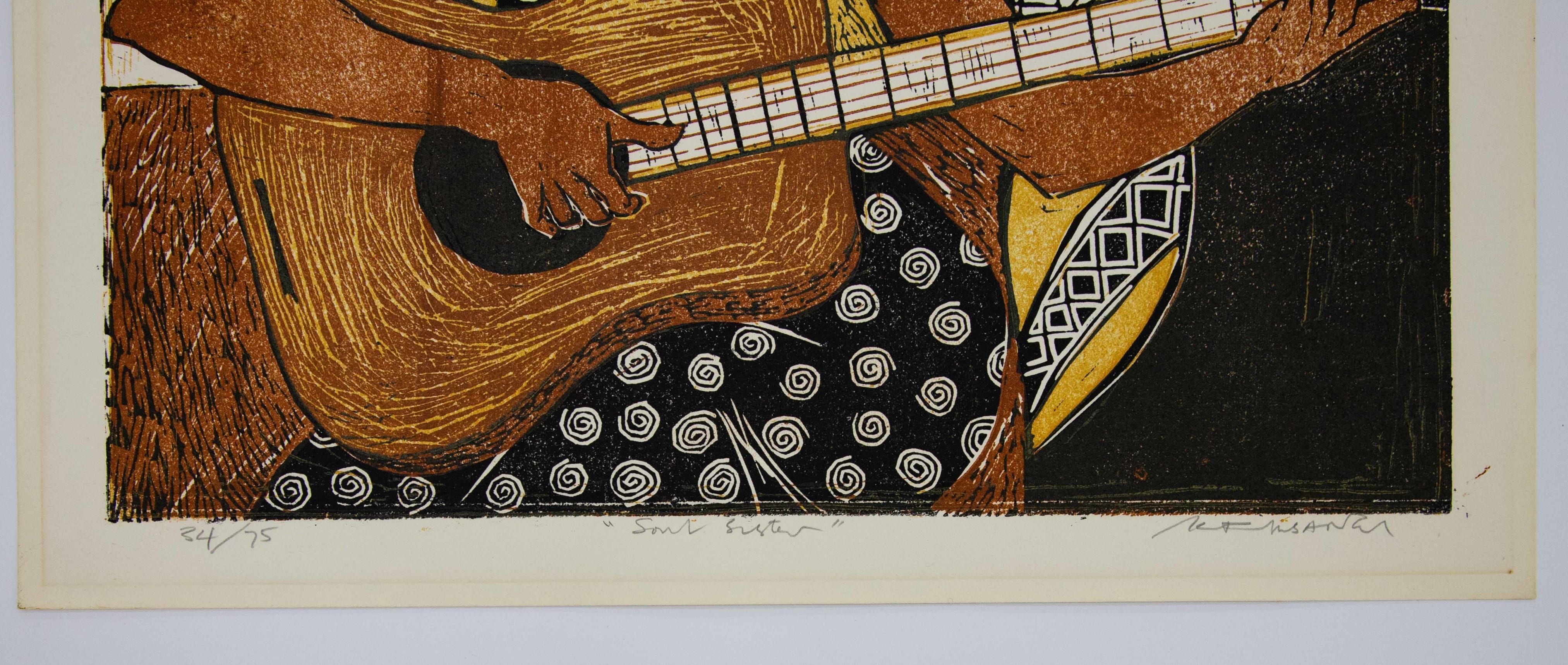 Artwork by Kiure Francis Msangi, Soul Sister, Made of colour woodcut on paper