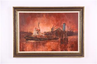 A moody, impressionistic painting of a tugboat in an industrial harbor under a fiery red sky.