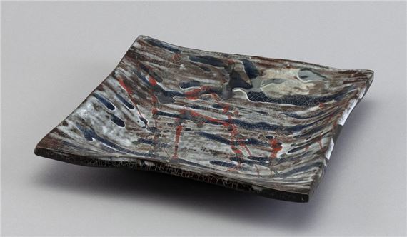 Glazed ceramic square dish - Toshiko Takaezu