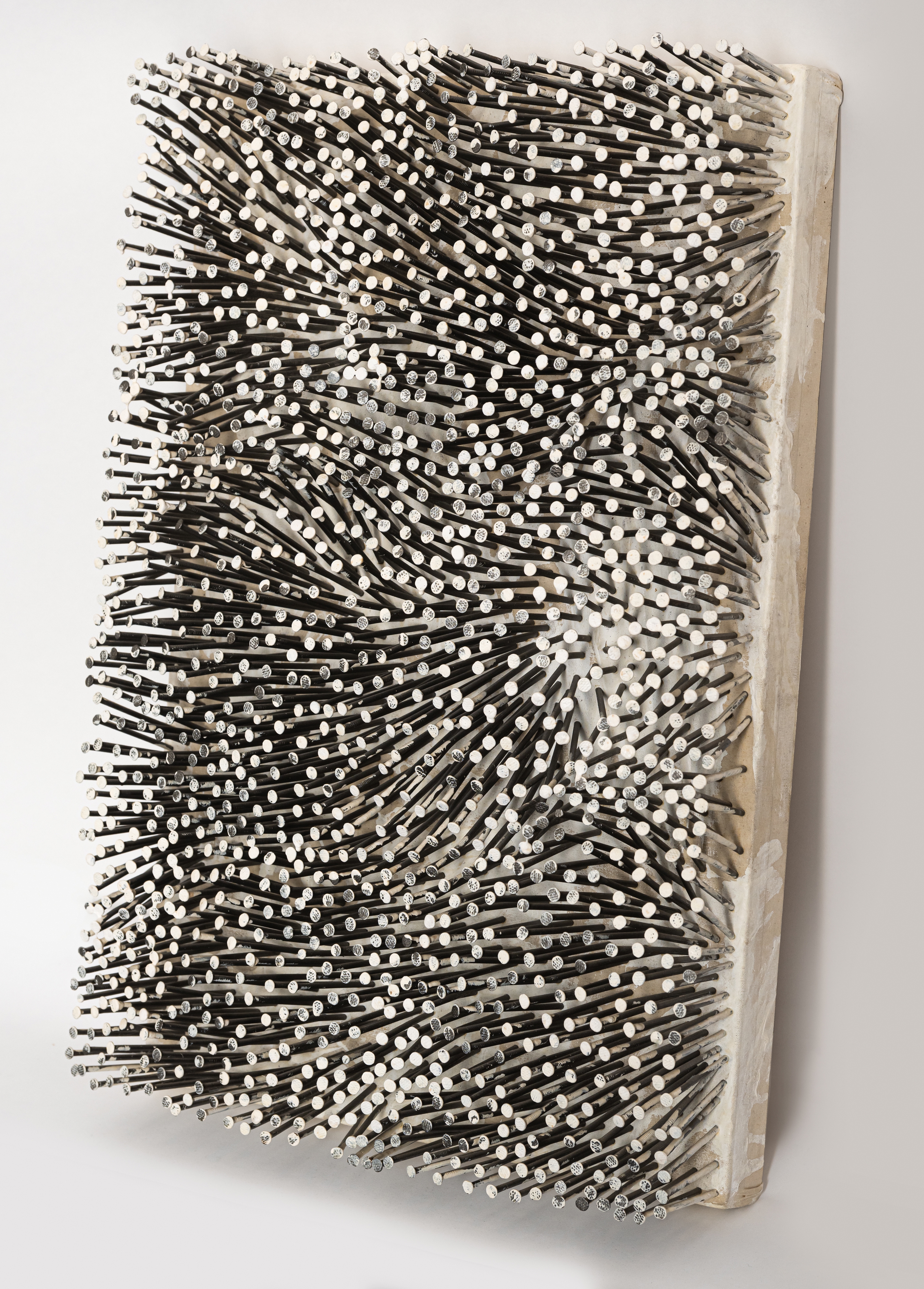 Artwork by Günther Uecker, Feld, Made of Nails And White Paint On Canvas, On Wood