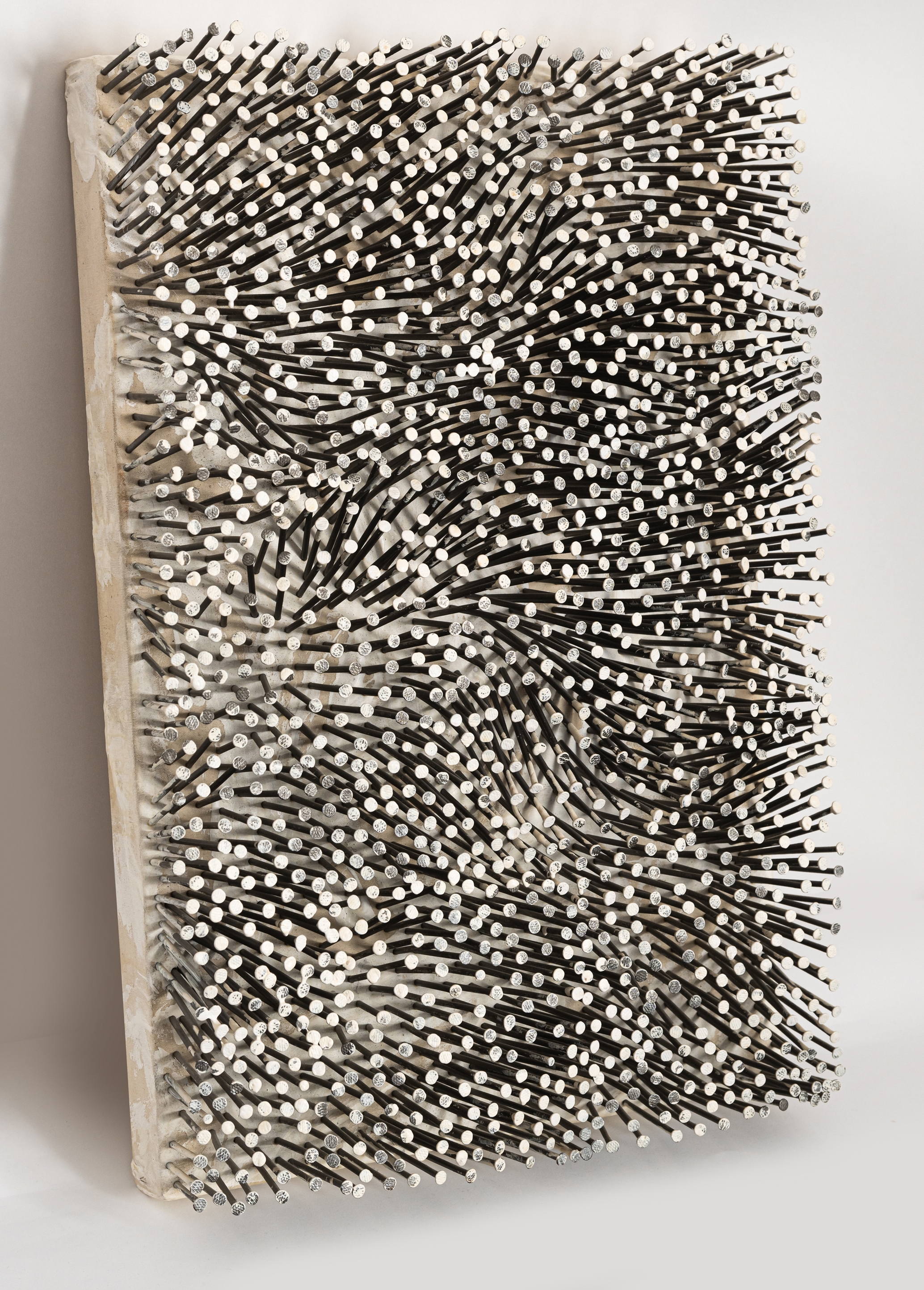 Artwork by Günther Uecker, Feld, Made of Nails And White Paint On Canvas, On Wood