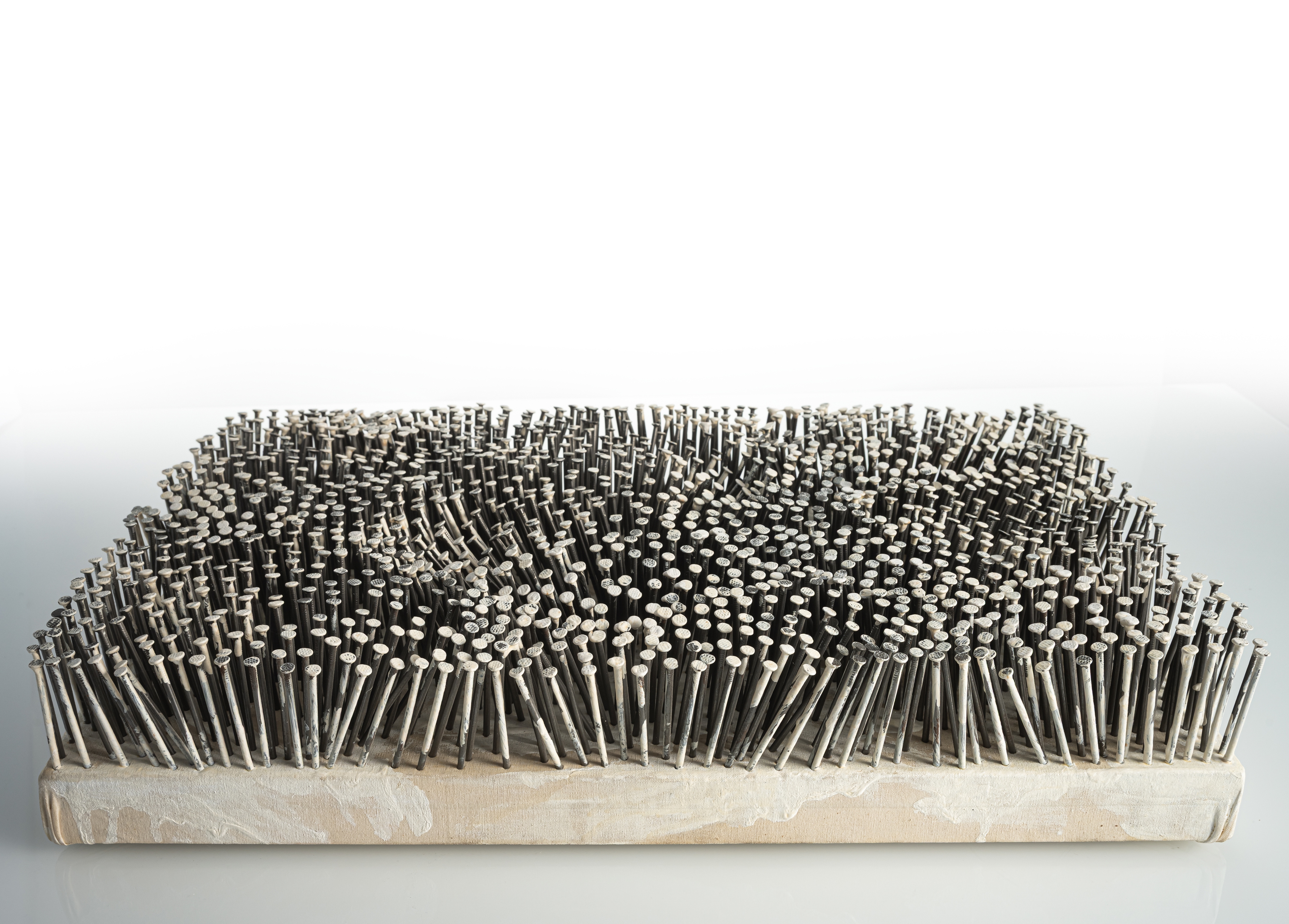 Artwork by Günther Uecker, Feld, Made of Nails And White Paint On Canvas, On Wood
