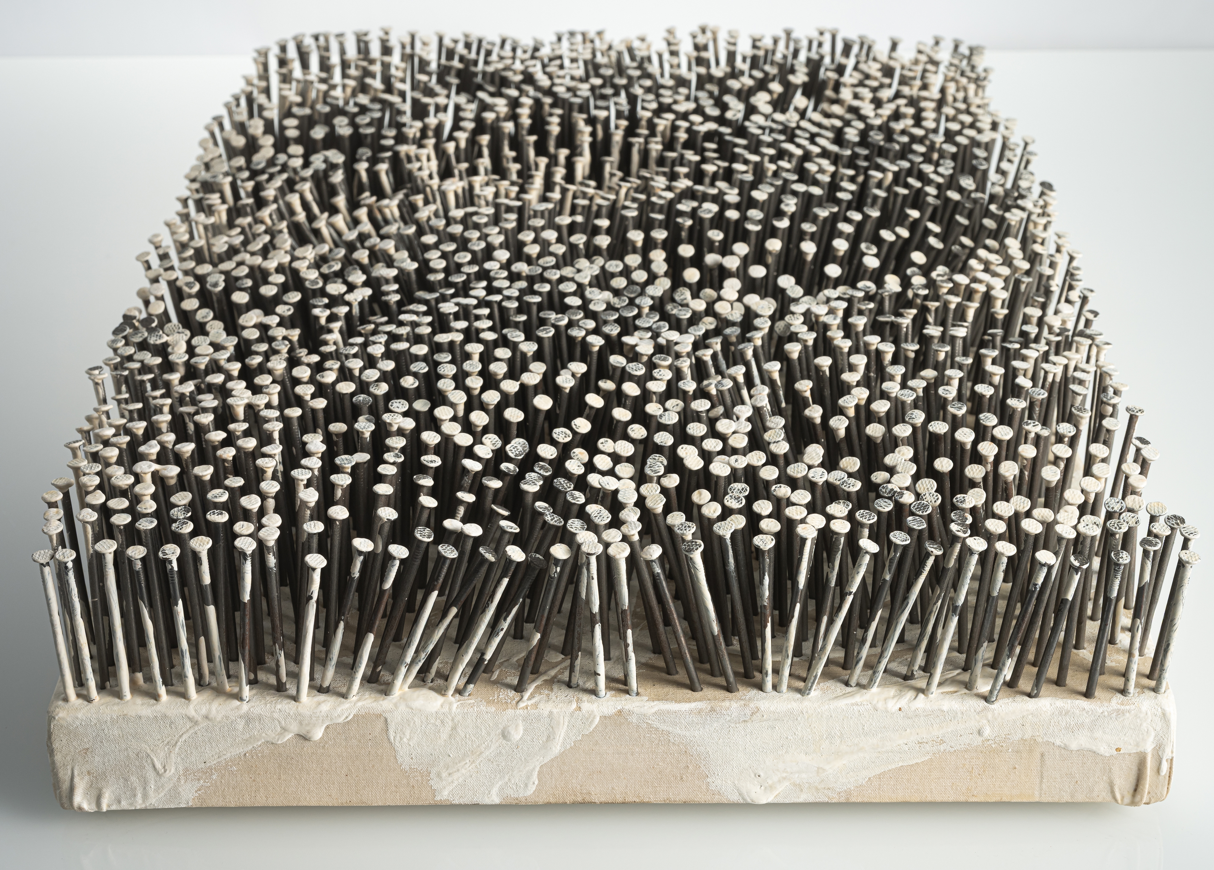 Artwork by Günther Uecker, Feld, Made of Nails And White Paint On Canvas, On Wood