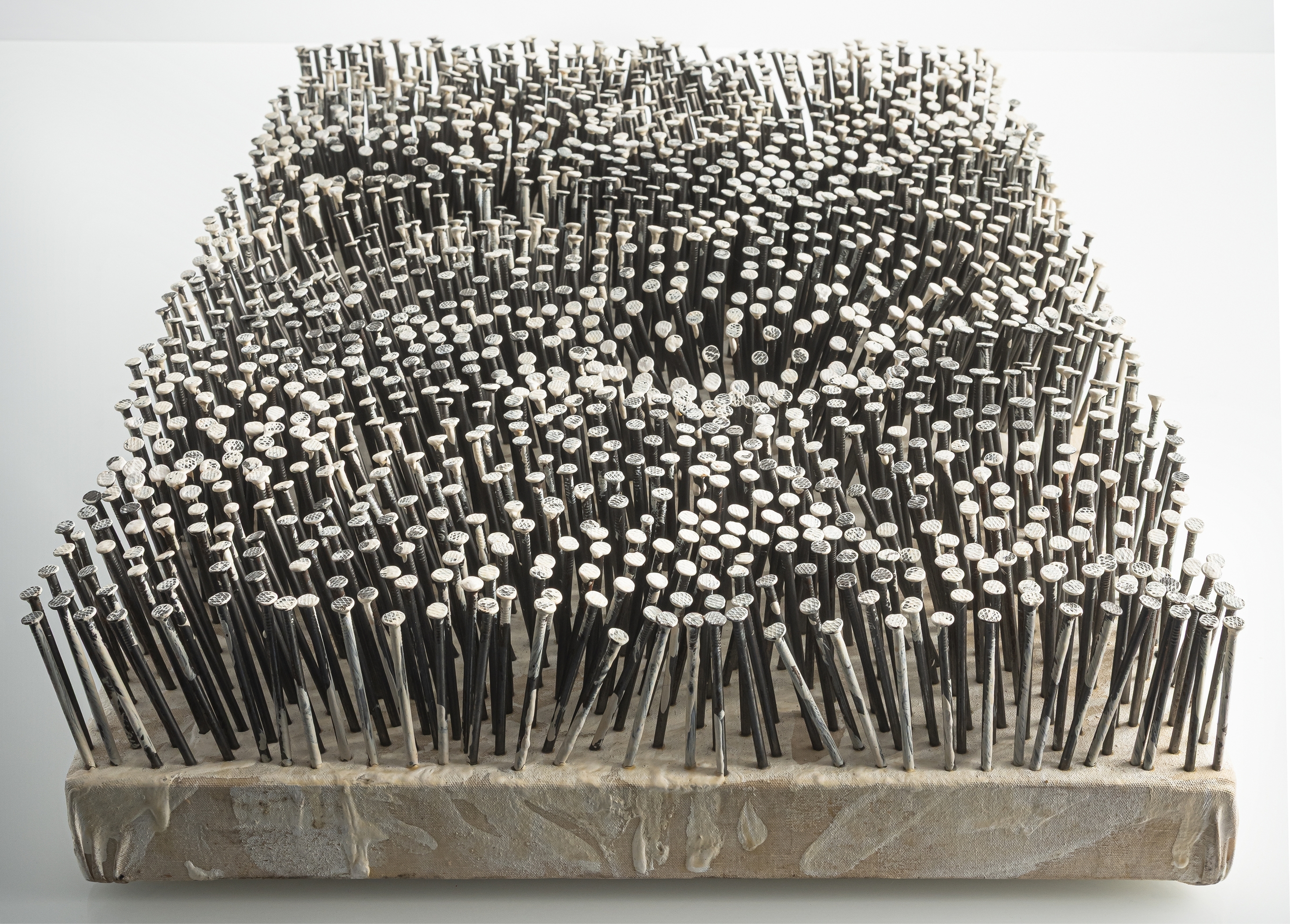 Artwork by Günther Uecker, Feld, Made of Nails And White Paint On Canvas, On Wood