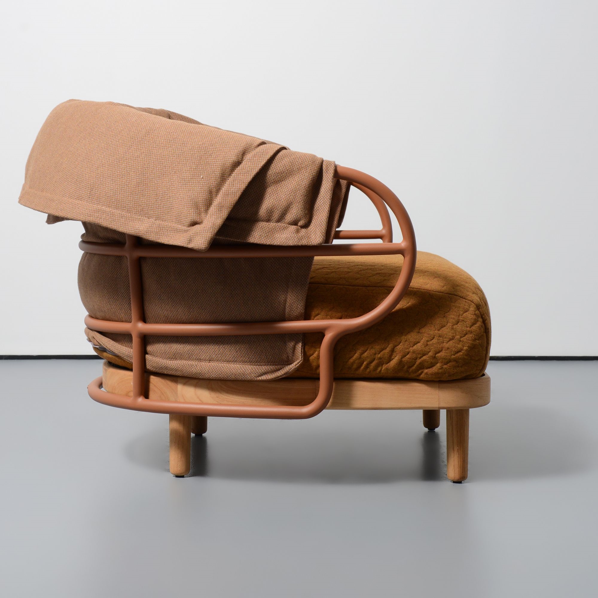 Artwork by Sebastian Herkner, DUNE Lounge Chair, Made of powder-coated aluminum, teak, upholstery