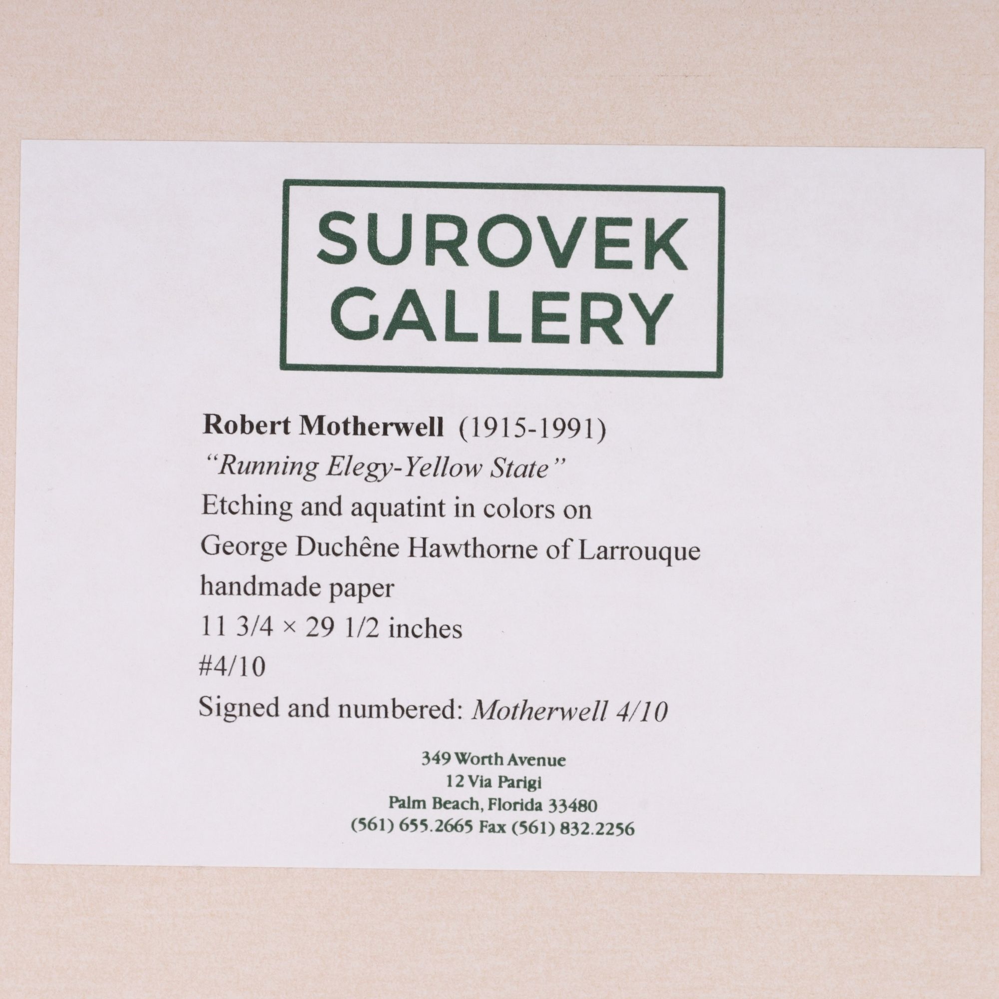 Artwork by Robert Motherwell, RUNNING ELEGY II, YELLOW STATE, Made of Etching And Aquatint In Colors On Hawthorne Of Larroque Handmade Paper