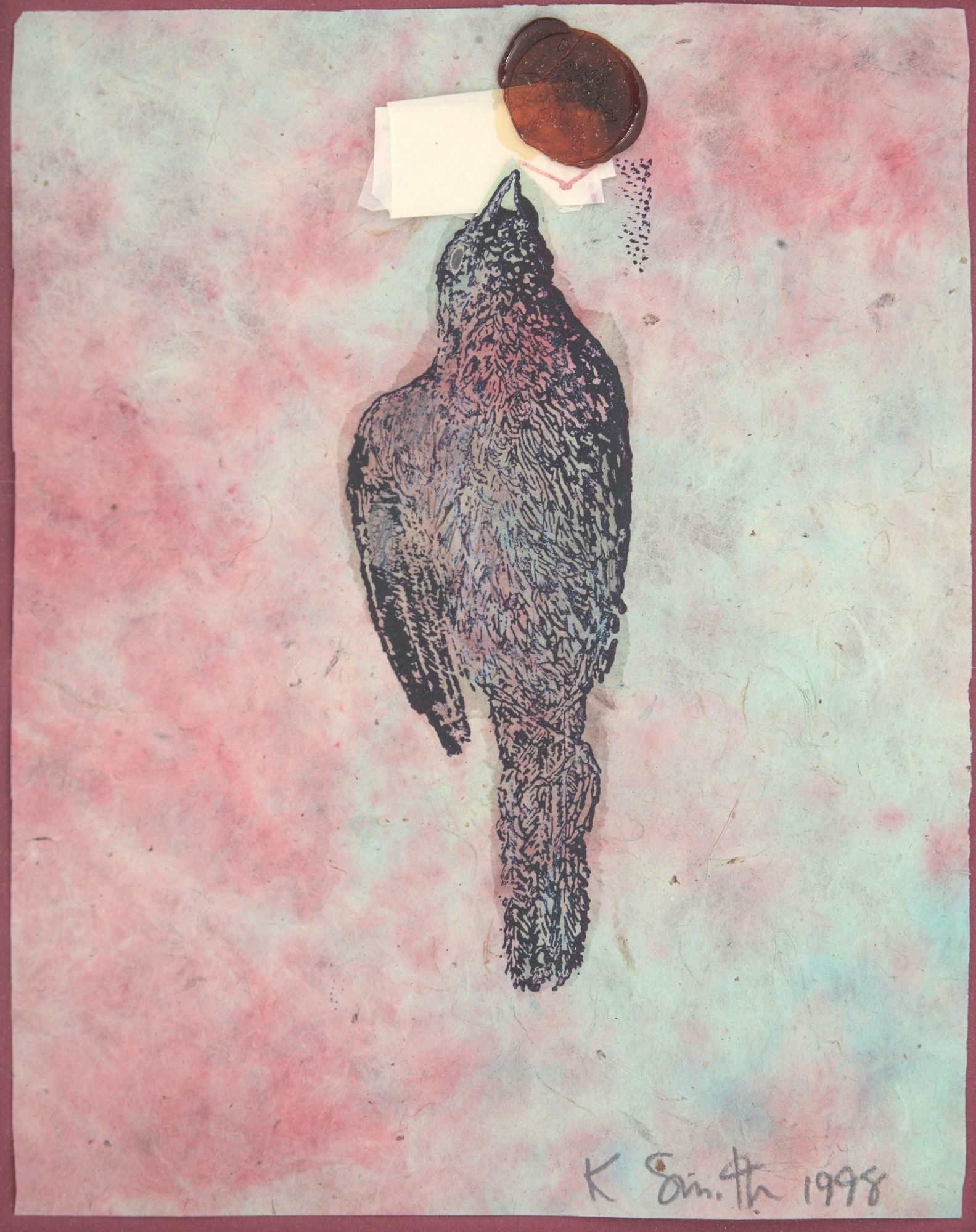 Artwork by Kiki Smith, BIRD WITH WAX STAMP, Made of Watercolor, Ink, Wax, And Paper On Rice Paper