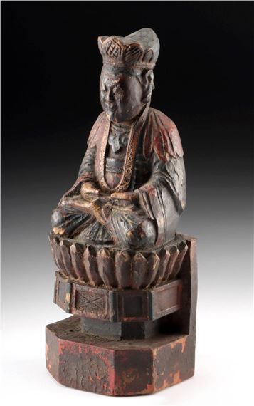 Chinese Qing Dynasty Wooden Shrine Figure on Lotus Base by Chinese School, ca. 19th century CE