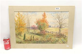 A watercolor landscape of an autumnal countryside scene with a red soda can for scale.