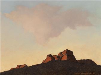 A serene landscape painting featuring a rocky outcrop under a soft, pastel sky.