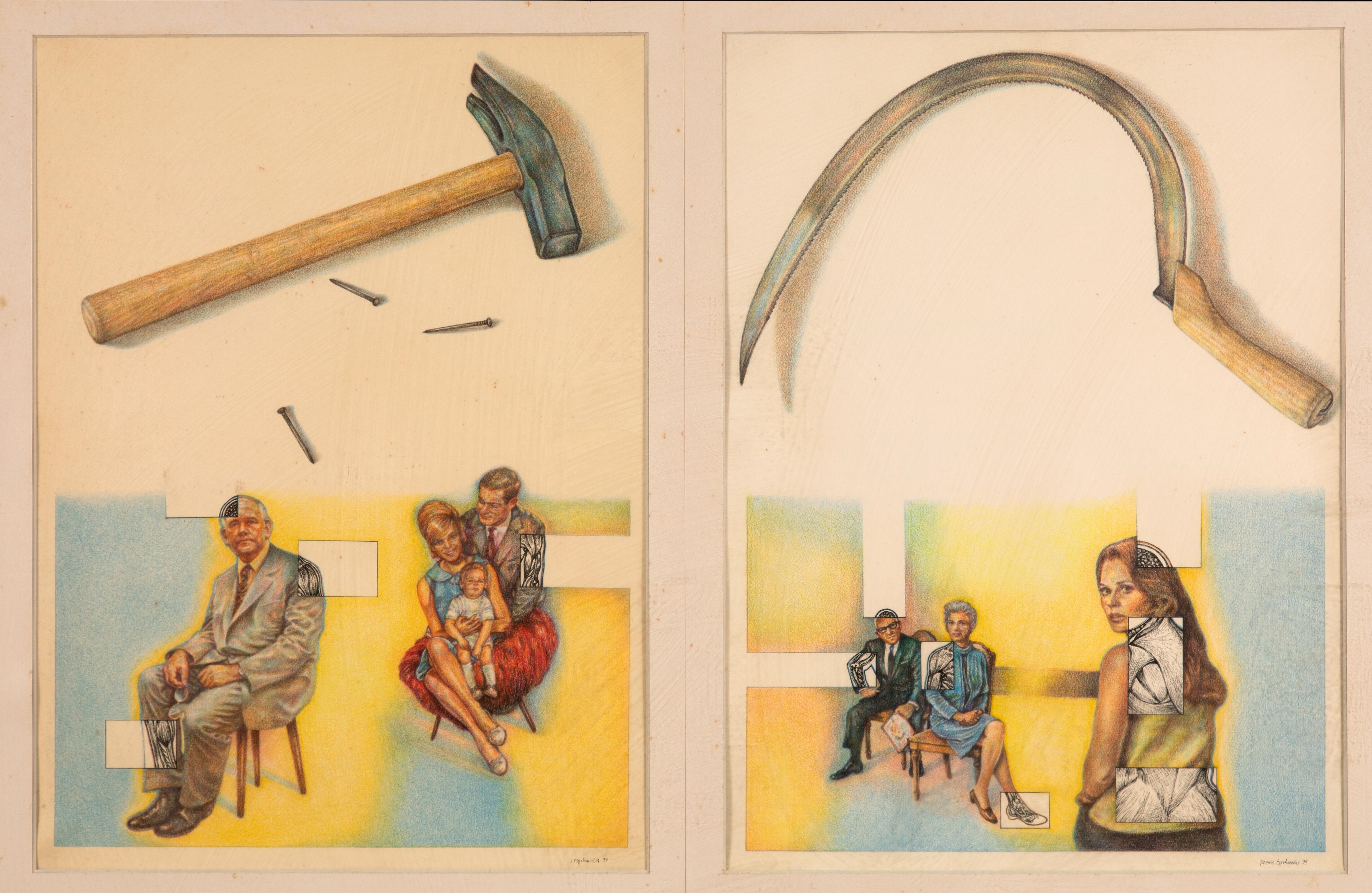 Artwork by Yiannis Psychopedis, La visite 1979, Made of colored pencils on paper