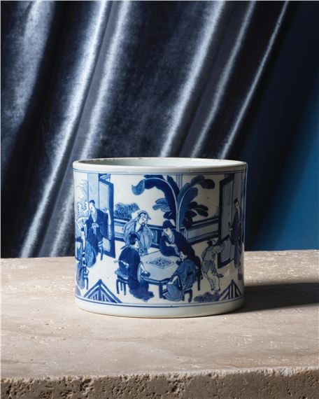 A BLUE AND WHITE 'EIGHTEEN SCHOLARS' BRUSHPOT, BITONG - Mi Fu