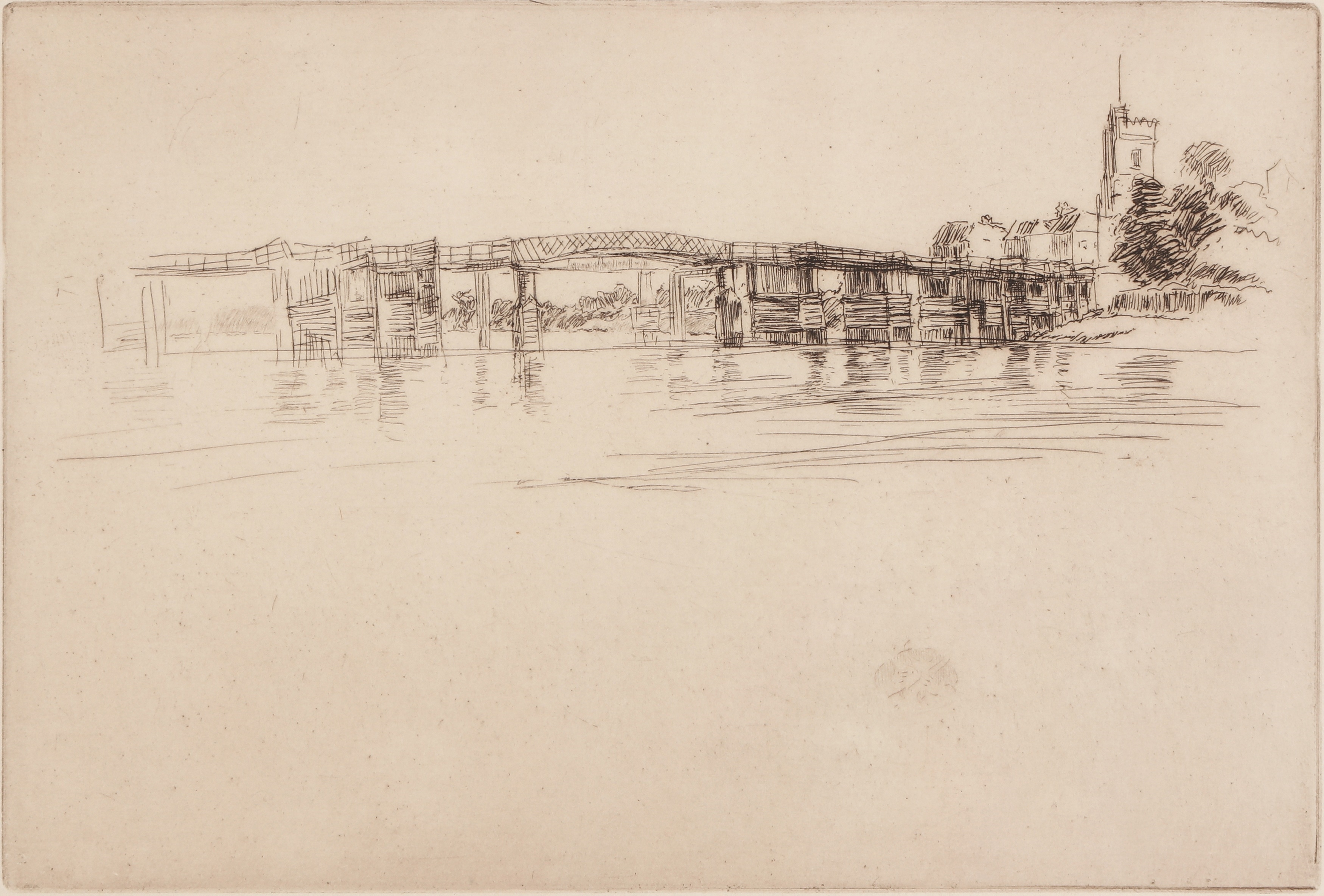 Artwork by James Abbott McNeill Whistler, Little Putney Bridge, Made of Etching On Laid