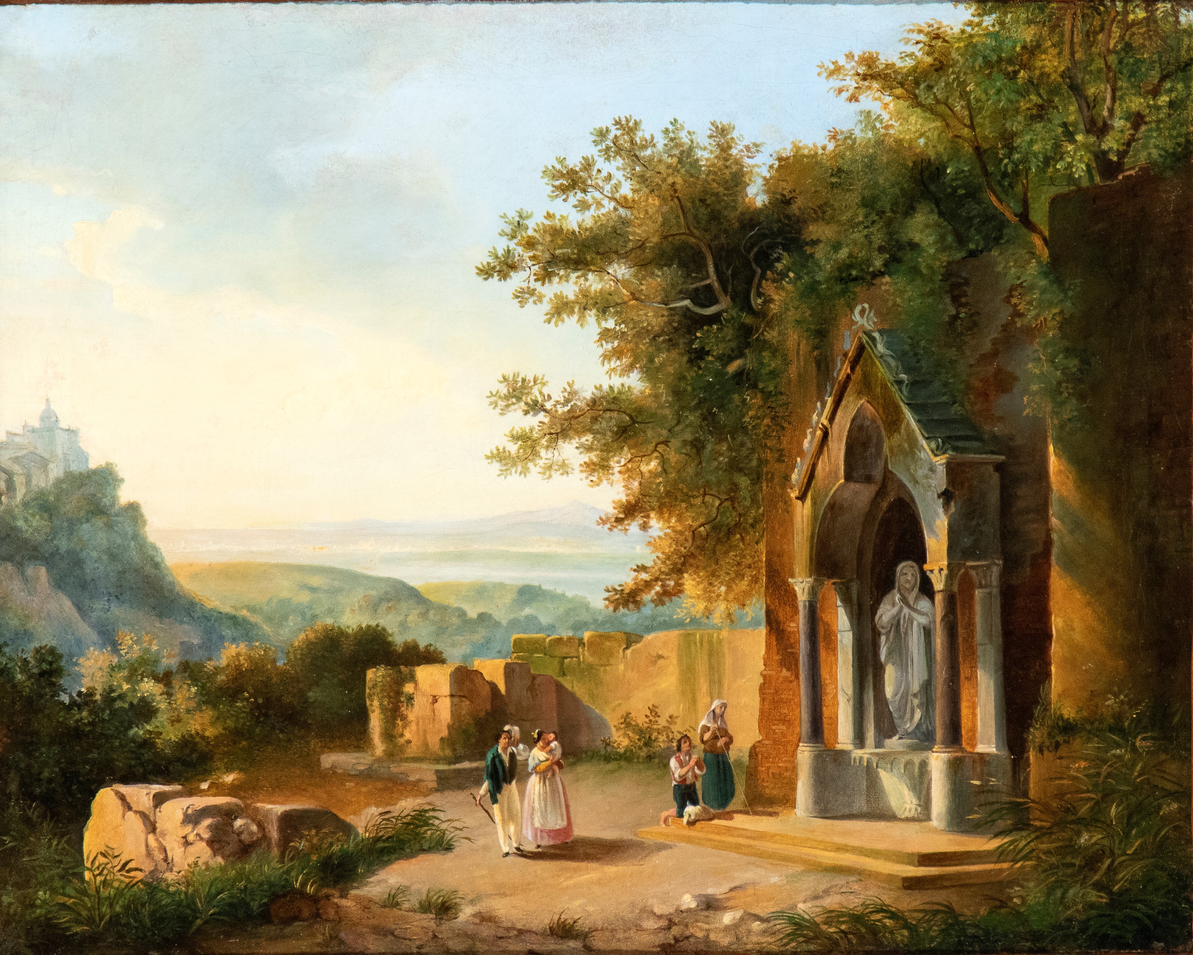 Artwork by Roman School, 19th Century, Votive shrine in the Latium countryside with a view of Ariccia in the background, Made of Oil On Cardboard