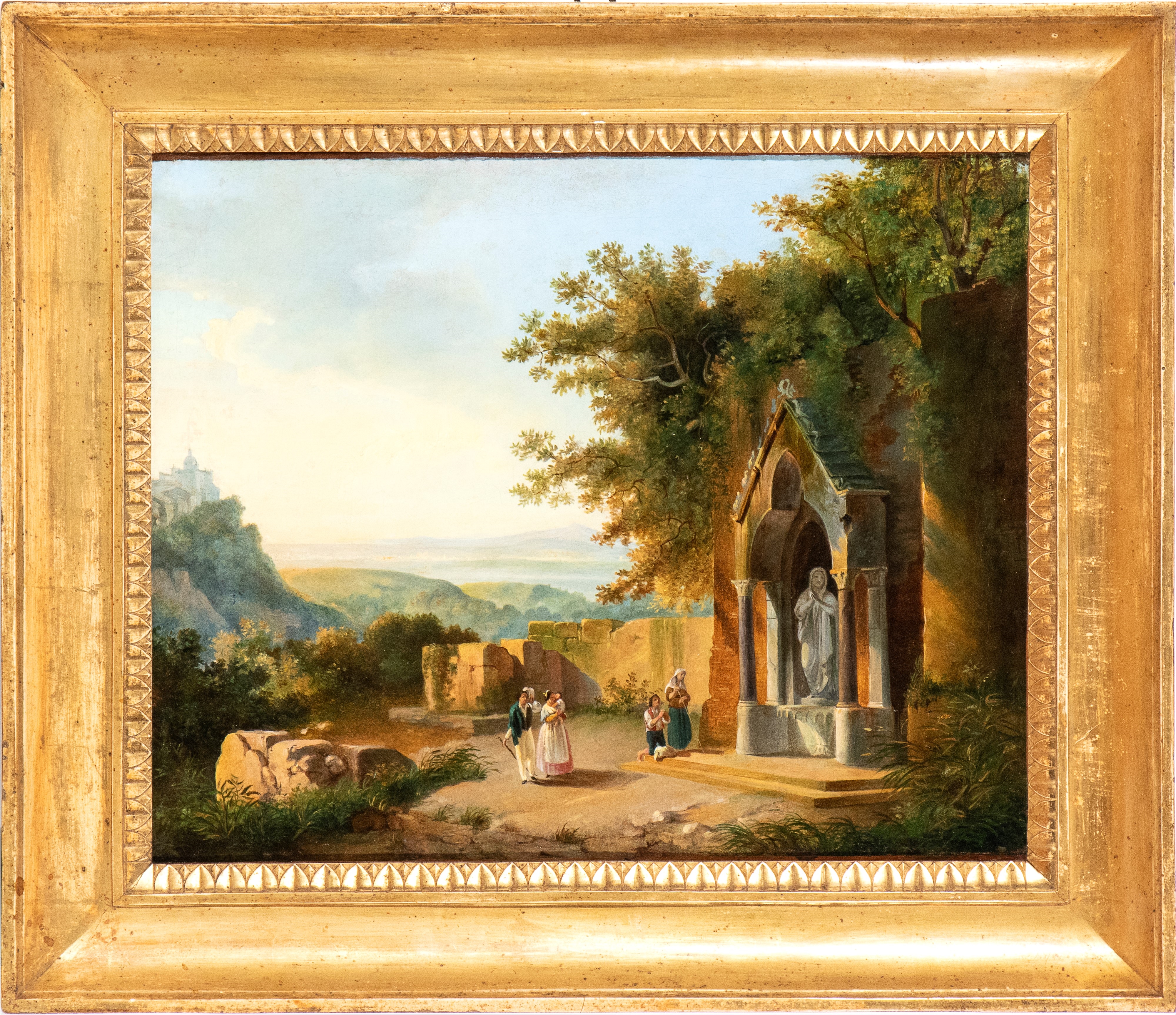 Artwork by Roman School, 19th Century, Votive shrine in the Latium countryside with a view of Ariccia in the background, Made of Oil On Cardboard