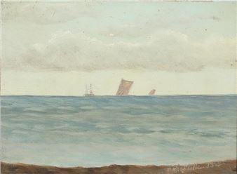 Beach view, in the background sailing ships - Johan Peter Christian Moller